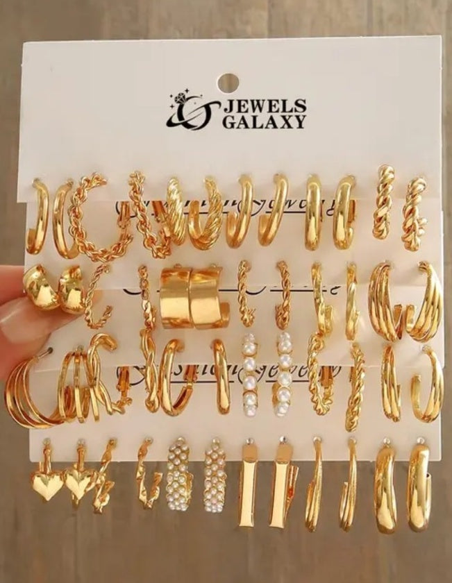 Gold Plated Trendy Hoop & Pearl Earrings Set – 24 Pairs