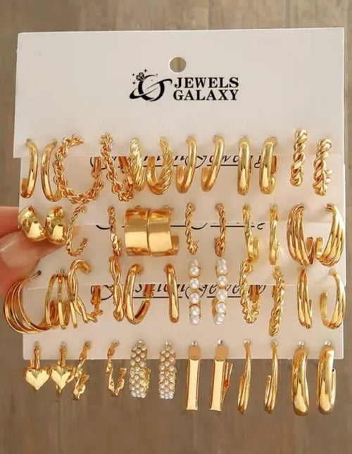 Gold plated trendy hoop and pearl earrings set - 24 pairs