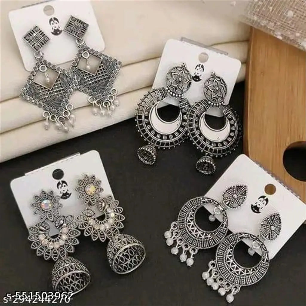 Oxidised Silver Jhumki & Hoop Earrings – 4 Pair Combo