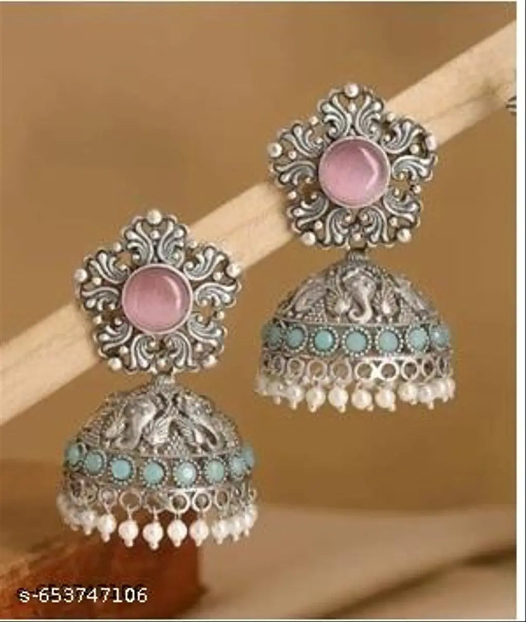 Oxidised Pearl & Floral Earrings – Pack of 2 - view 2
