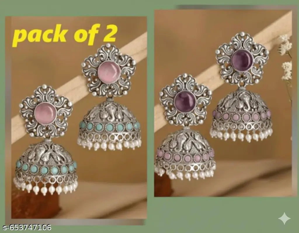 Oxidised Pearl & Floral Earrings – Pack of 2